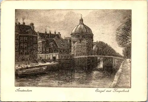 37881 - Künstlerkarte - Amsterdam , Singel met Koepelkerk , signiert - nicht gelaufen