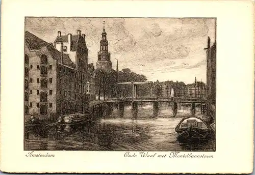 37882 - Künstlerkarte - Amsterdam , Oude Waal met Montelbaanstoren , signiert - nicht gelaufen