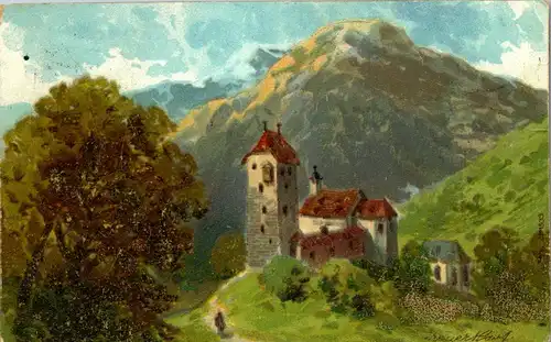 37951 - Künstlerkarte - Landschaft , Burg , Schloss , signiert - gelaufen