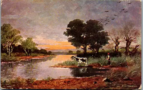 37956 - Künstlerkarte - Landschaft , Fluss , signiert - gelaufen 1911