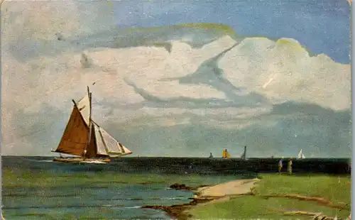 37957 - Künstlerkarte - Landschaft , Segelboot - gelaufen 1918