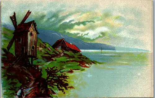 37972 - Künstlerkarte - Landschaft , Windmühle , See - nicht gelaufen
