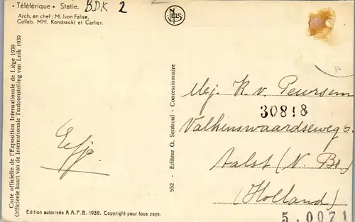 37975 - Belgien - Lüttich , Teleferique Statie , Carte officielle de l'Exposition Internationale de Liege 1939 - gelaufen