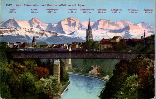 38049 - Schweiz - Bern , Eisenbahn und Kornhaus Brücke mit Alpen , Eiger , Mönch , Ebnefluh , Mittaghorn - nicht gelaufen