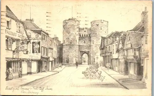 38148 - Künstlerkarte - Canterbury , Westgate Towers , Falstaff Hotel - gelaufen 1938