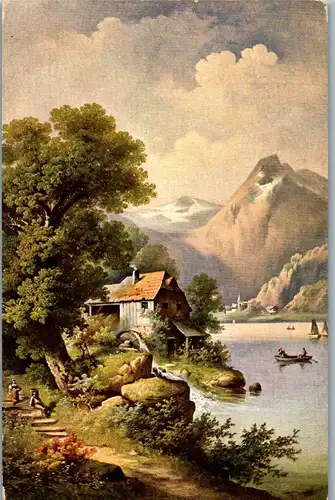 38179 - Künstlerkarte - Motiv Landschaft , See , Mühle - gelaufen