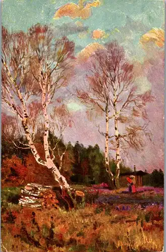 38217 - Künstlerkarte - Landschaft , Bäume , Birken - nicht gelaufen