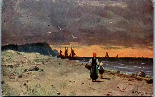 38384 - Künstlerkarte - Strand , Meer , signiert - nicht gelaufen