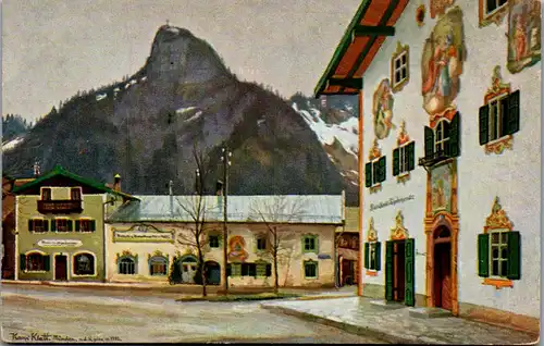 38401 - Künstlerkarte - Oberammergau , Geroldhaus , Weißes Rößl und Kofel , signiert Hans Klatt - nicht gelaufen