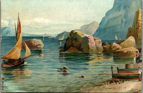 38417 - Künstlerkarte - Strand , Boot , Felsen - nicht gelaufen