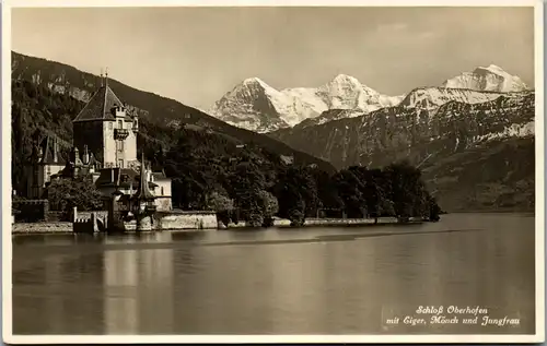 38593 - Schweiz - Schloß Oberhofen mit Eiger , Mönch und Jungfrau - nicht gelaufen