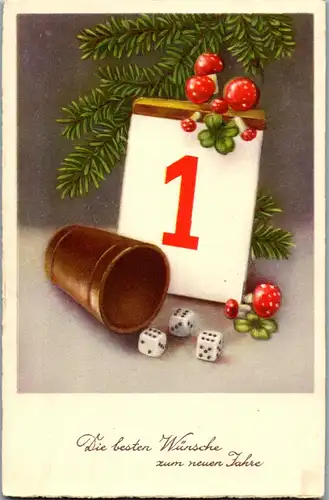 38908 - Neujahr - Die besten Wünsche zum neuen Jahre , Glücks Symbole , Pilz , Würfel , Feldpost - gelaufen 1940