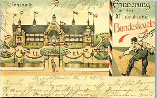 38953 - Deutschland - Solingen , Erinnerung an das XI deutsche Bundeskegeln , Kegeln , Festhalle - gelaufen 1904