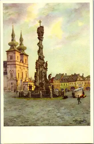 39059 - Künstlerkarte - Tschechien , Kaaden a. d. Eger , Stadtkirche mit Dreifaltigkeitssäule - nicht gelaufen