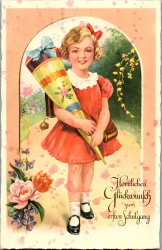 39094 - Schulanfang - Herzlichen Glückwunsch zum ersten Schulgang , Mädchen mit Schultüte - gelaufen 1939
