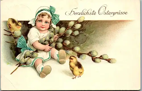 39158 - Ostern - Herzlichste Ostergrüße , Kücken , Palmkätzchen , Kind - gelaufen 1927