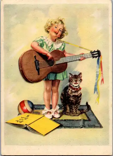 39167 - Kinder - Mädchen , Gitarre , Katze - gelaufen 1946