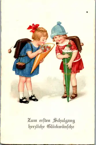 39190 - Schulanfang - Herzlichen Glückwunsch zum ersten Schulgang , Mädchen mit Schultüte - gelaufen