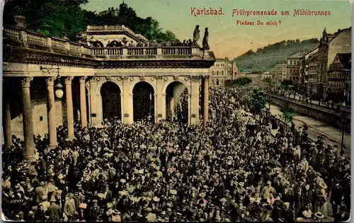 39257 - Tschechien - Karlsbad , Frühpromenade am Mühlbrunnen , Findest du mich? - gelaufen 1909