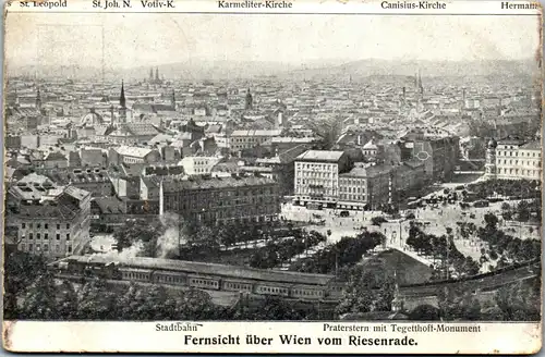 39531 - Wien - Fernsicht über Wien vom Riesenrad , Stadtbahn , Praterstern mit Tegetthoff Monument - gelaufen 1908