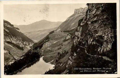 39628 - Schweiz - Unterstichweg , Seealpsee , Megisalp mit Fähnern und Alpsiegel - gelaufen 1932