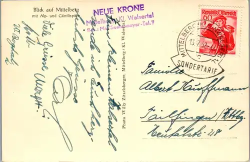 40085 - Vorarlberg - Mittelberg mit Alpspitze und Güntlispitze , Sondertarif Stempel - gelaufen 1952