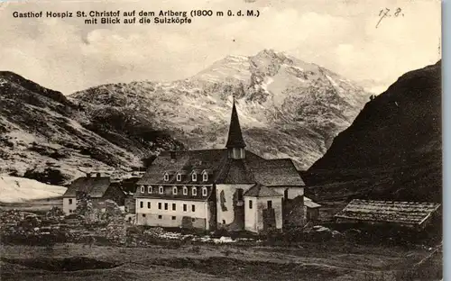 40271 - Tirol - St. Christof a. d. Arlberg , Gasthof Hospiz mit Blick auf die Sulzköpfe - gelaufen 1910