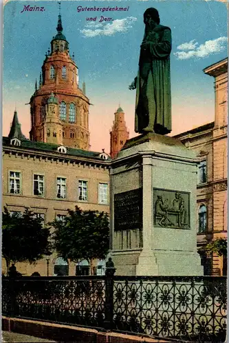 40372 - Deutschland - Mainz , Gutenbergdenkmal und Dom , Feldpost Marke - gelaufen 1917