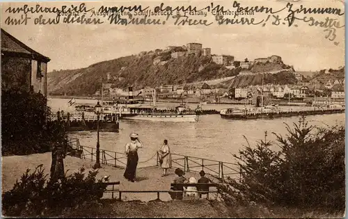 40551 - Deutschland - Coblenz , Koblenz , Ausgefahrene Schiffsbrücke u. Festung Ehrenbreitstein , Dampfer,  Schiff