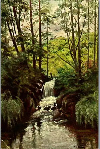 41044 - Künstlerkarte - Motiv Landschaft , Bach im Wald , signiert - gelaufen