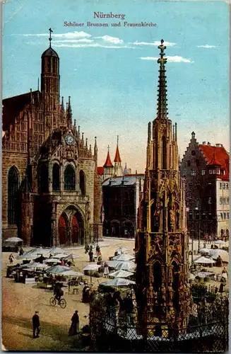 41070 - Deutschland - Nürnberg , Schöner Brunnen und Frauenkirche - gelaufen