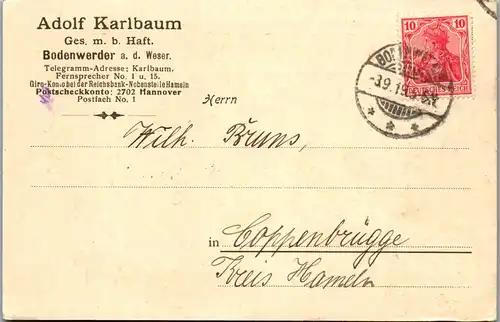 41456 - Briefmarke - Bodenwerder a. d. Weser , Geschäftspostkarte , Adolf Karlbaum - gelaufen