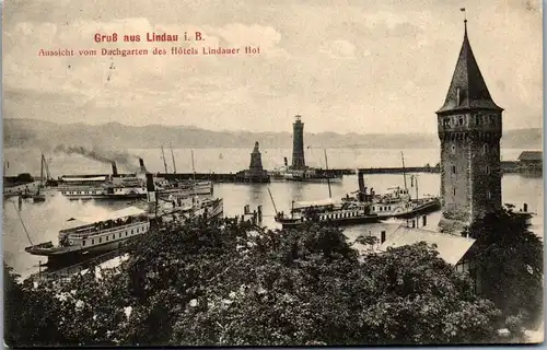 41583 - Deutschland - Lindau i. B. , Aussicht vom Dachgarten des Hotel Lindauer Hof , Schiff , Dampfer - gelaufen