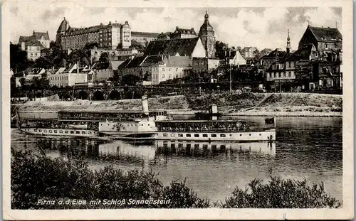 41746 - Deutschland - Pirna an der Elbe mit Schloß Sonnenstein , Dampfer Leipzig - gelaufen