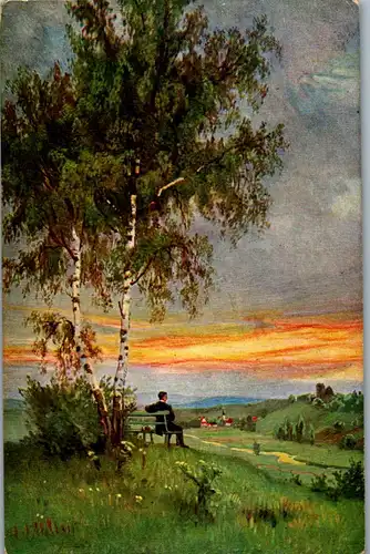 42027 - Künstlerkarte - Landschaft , Birken - gelaufen