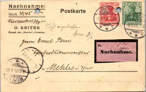 42056 - Briefmarken - Deutschland , Postkarte , Nachnahme , Ilmenau , Quittung , gelocht - gelaufen