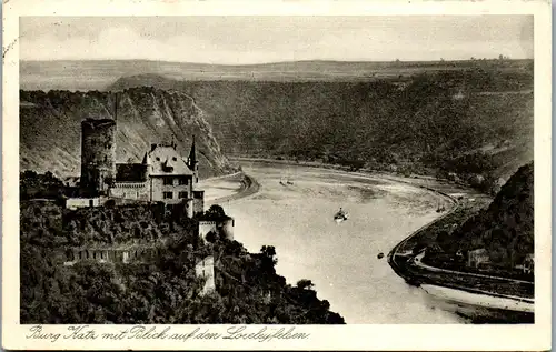 42169 - Deutschland - St. Goarshausen , Burg Katz mit Blick auf den Loreleyfelsen - gelaufen 1921