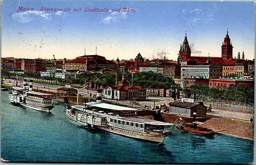 42189 - Deutschland - Mainz , Rheinansicht mit Stadthalle und Dom , Dampfer , Schiff , Feldpost - gelaufen 1915
