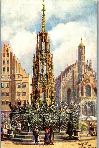 42239 - Künstlerkarte - Nürnberg , Brunnen u. Freuenkirche , signiert  - gelaufen 1915