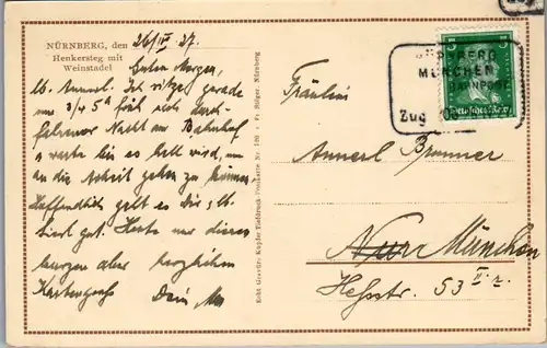 42331 - Deutschland - Nürnberg , Henkersteg mit Weinstadel , Bahnpost-Stempel - gelaufen 1927