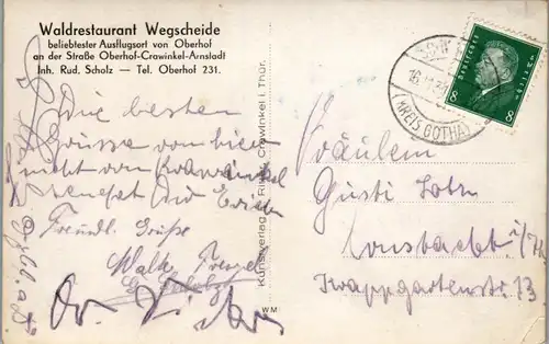 42491 - Deutschland - Oberhof , Thüringen , Waldrestaurant Wegscheid , Restaurant , Inh. R. Scholz - gelaufen 1931