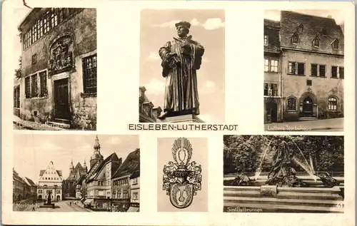 42514 - Deutschland - Eisleben , Eisleben , Lutherstadt , Marktplatz , Sterbehaus , Geburtshaus , Sintflutbrunnen - nicht gelaufen