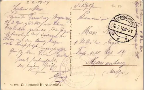 42639 - Deutschland - Coblenz , Koblenz , Ehrenbreitstein , Feldpost - gelaufen 1917