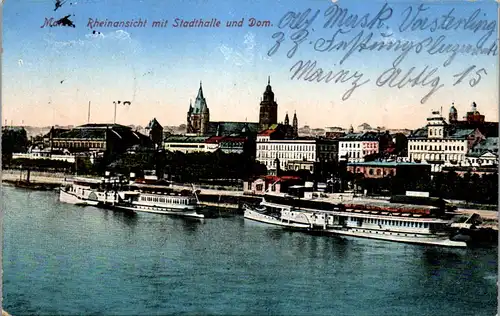42648 - Deutschland - Mainz , Rheinansicht mit Stadthalle und Dom , Dampfer , Schiff , Feldpost - gelaufen 1915