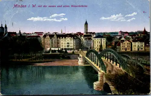 42760 - Deutschland - Minden , i. W. mit der neuen u. alten Weserbrücke - gelaufen 1918