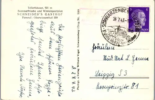 42805 - Deutschland - Tellerhäuser , Erzgeb. , Schneider's Gasthof - gelaufen 1943