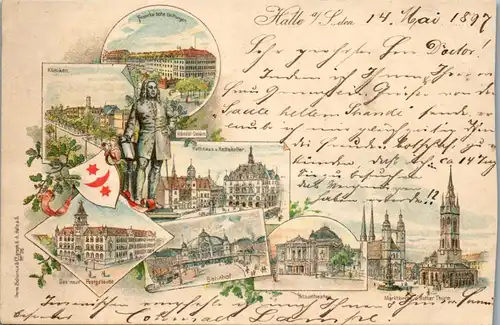 42807 - Deutschland - Halle , a. d. Saale , Postgebäude , Bahnhof , Kliniken , Händel Denkmal - gelaufen 1897