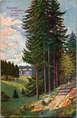 42857 - Künstlerkarte - Schmiedefeld , Berghotel Stutenhaus v. Glasbach aus gesehen , signiert Frühauf - gelaufen 1912