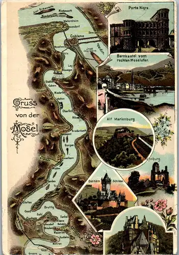 42950 - Deutschland - Landkarte , Gruss von der Mosel , Porta Nigra , Alf , Cochem , Bernkastel - nicht gelaufen