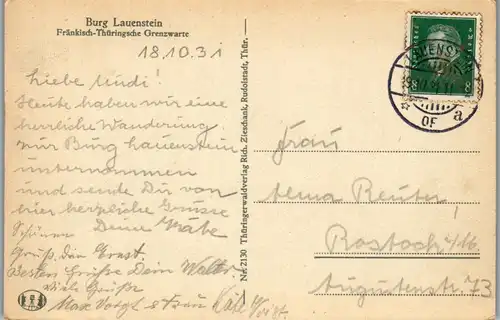 43014 - Deutschland - Lauenstein , Burg , Fränkisch Thüringsche Grenzwarte - gelaufen 1931